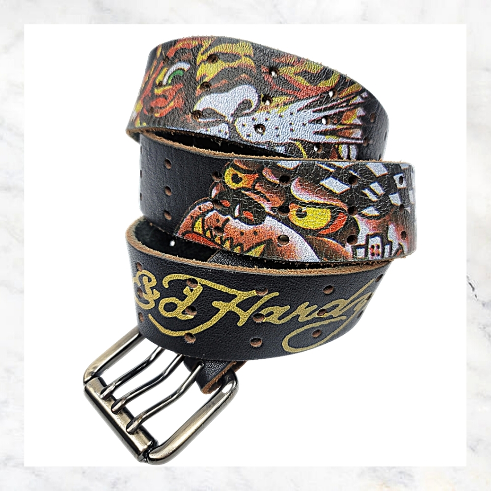 Ed Hardy Mens Small Leather Black Belt Tiger